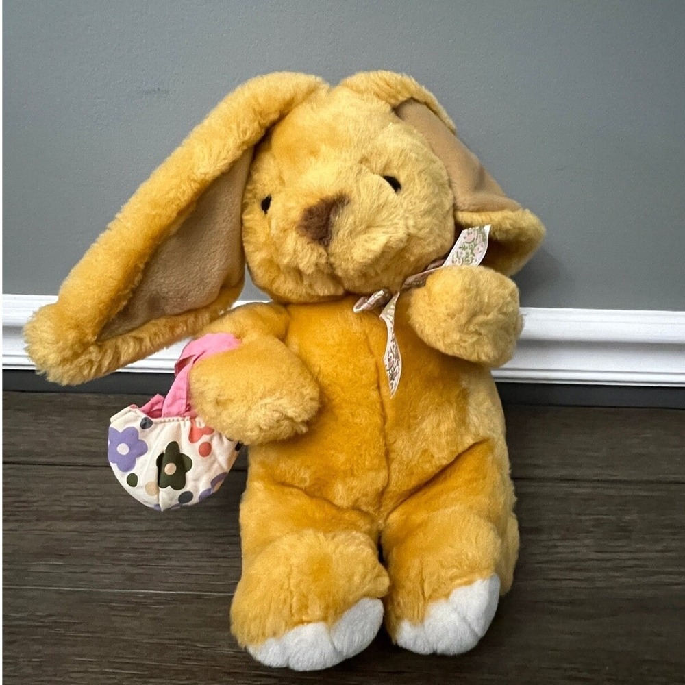 Vintage Cuddle Wit  Bunny Rabbit Plush Floppy Ears Floral Basket Easter Toy